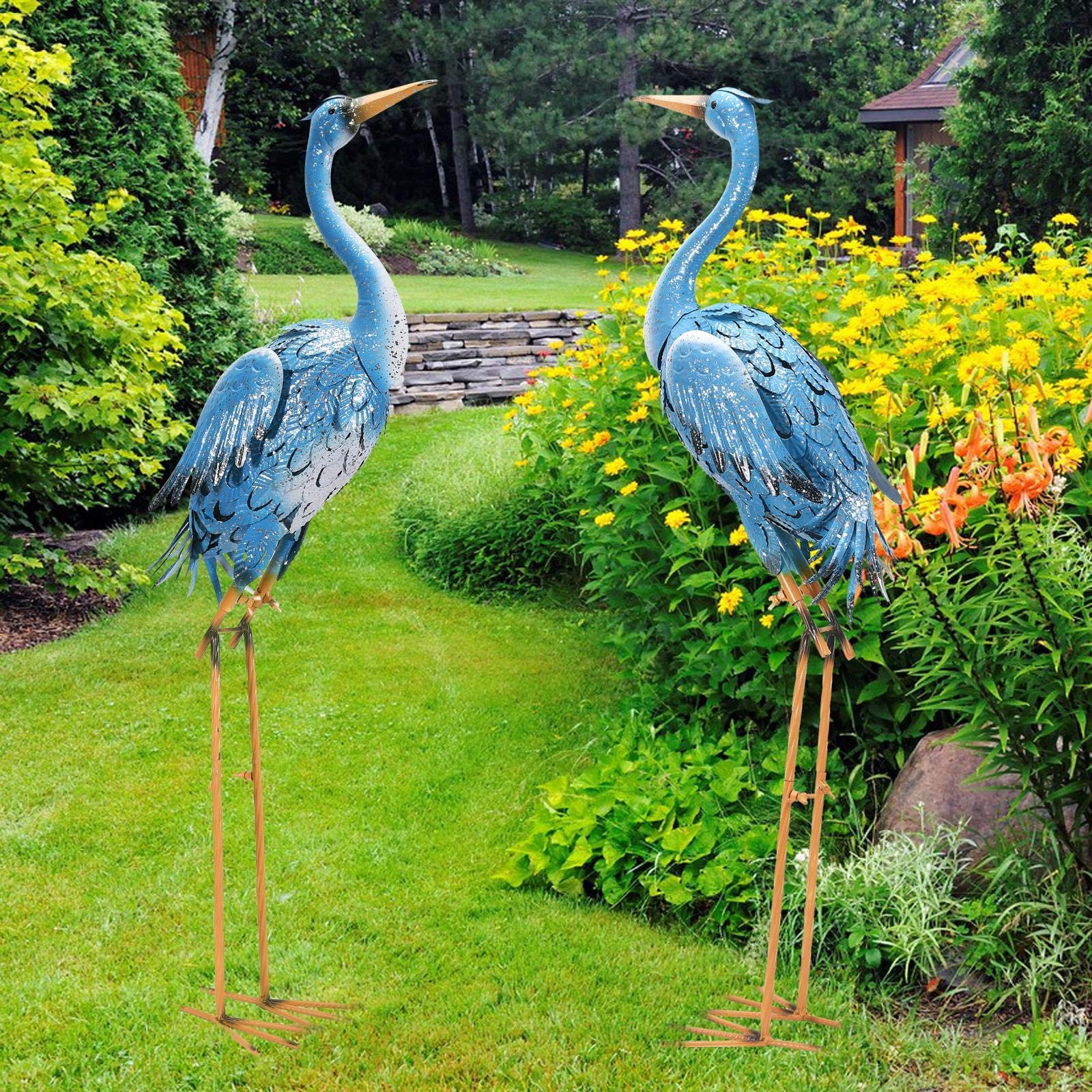 Goodeco 96cm Standing Blue Metal Crane Statue Garden Ornaments - Indoor/Outdoor Heron Garden animal Sculpture Gifts Idea for