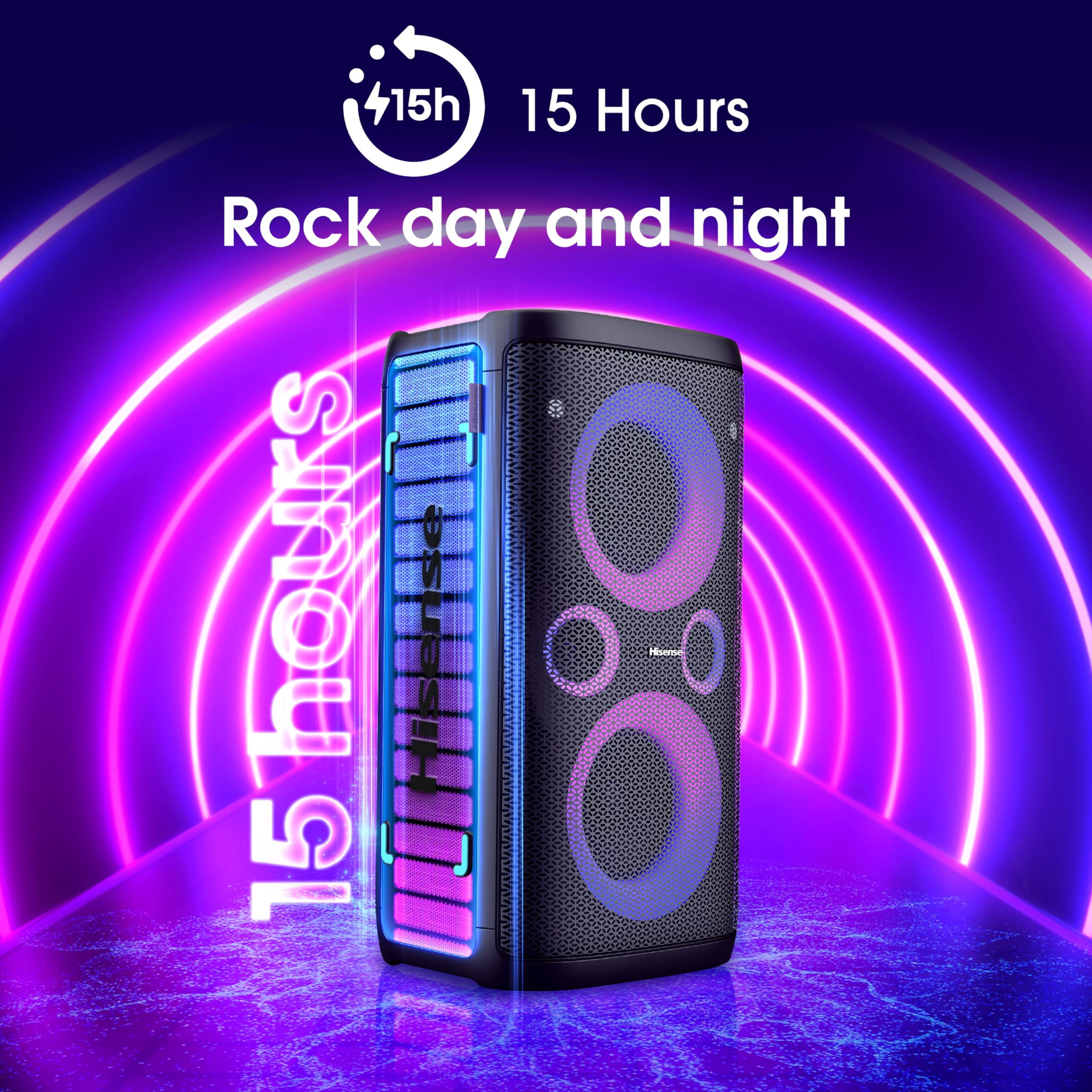 Hisense PARTY STORM, 300W Max Audio Power,15 Hrs long playtime,Karaoke Mode,Lighting effects, Wireless charge the phone, IPX4 Waterproof, Bluetooth 5.0