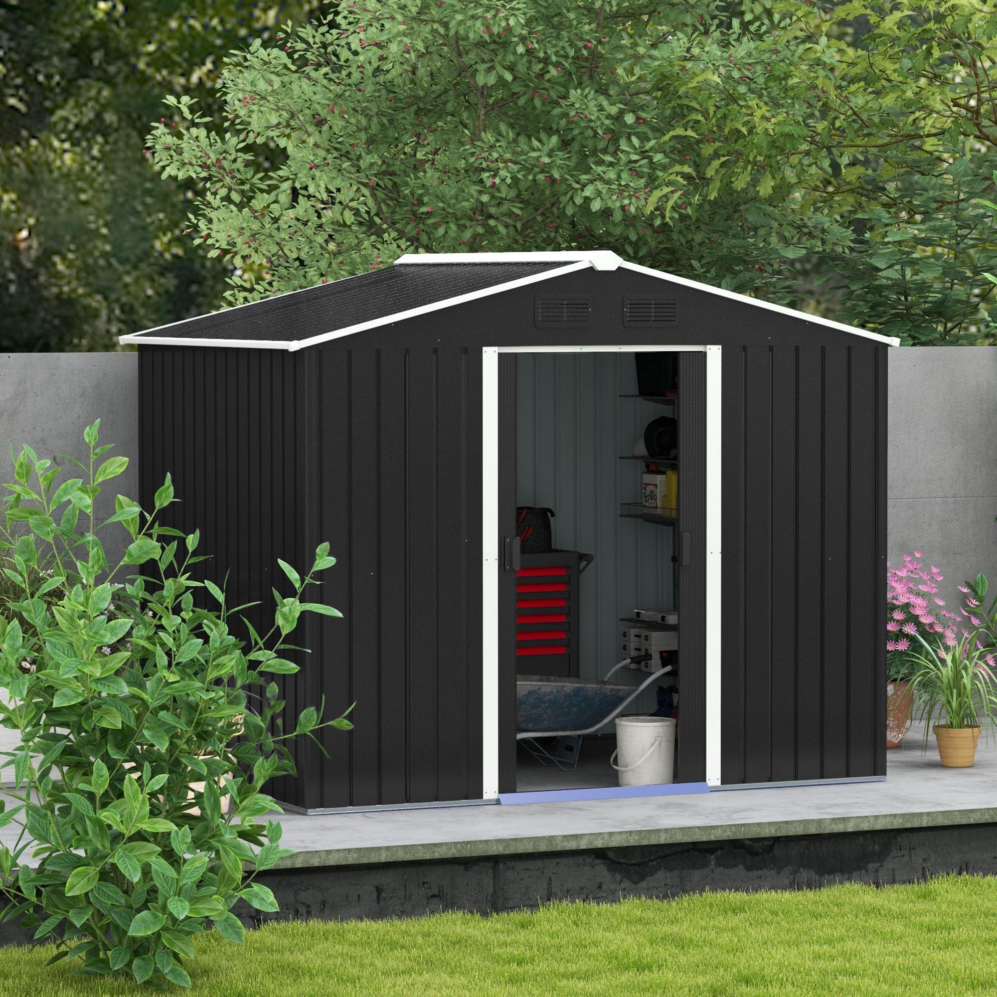 Outsunny 7.7 x 5.7ft Metal Garden Shed with Ventilation Slots and Sliding Doors, Galvanised Outdoor Tool Storage House, Grey