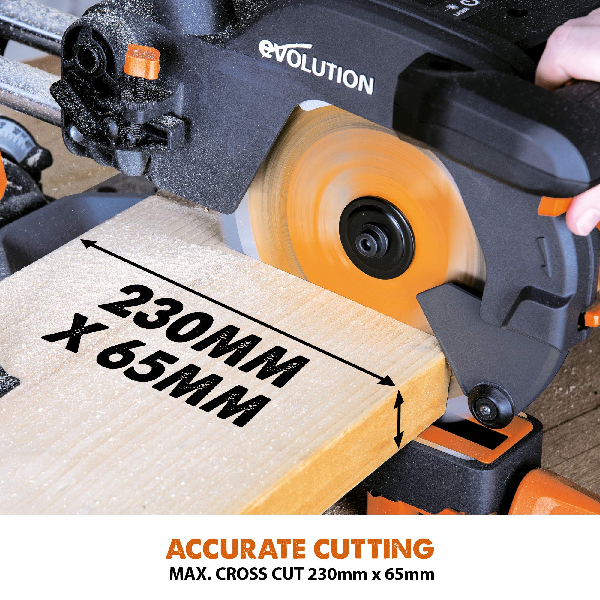 Evolution Power Tools R210SMS+ Sliding Mitre Saw With Multi-Material Cutting, Cuts Wood, Metal, Plastic & More, 45° Bevel, 50° Mitre, 230mm Slide, 1500 W (230 V)