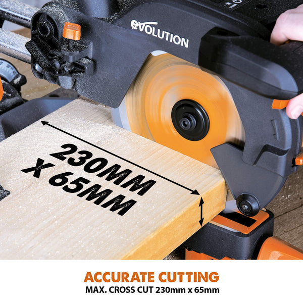 Evolution Power Tools R210SMS+ Sliding Mitre Saw With Multi-Material Cutting, Cuts Wood, Metal, Plastic & More, 45° Bevel, 50° Mitre, 230mm Slide, 1500 W (230 V)