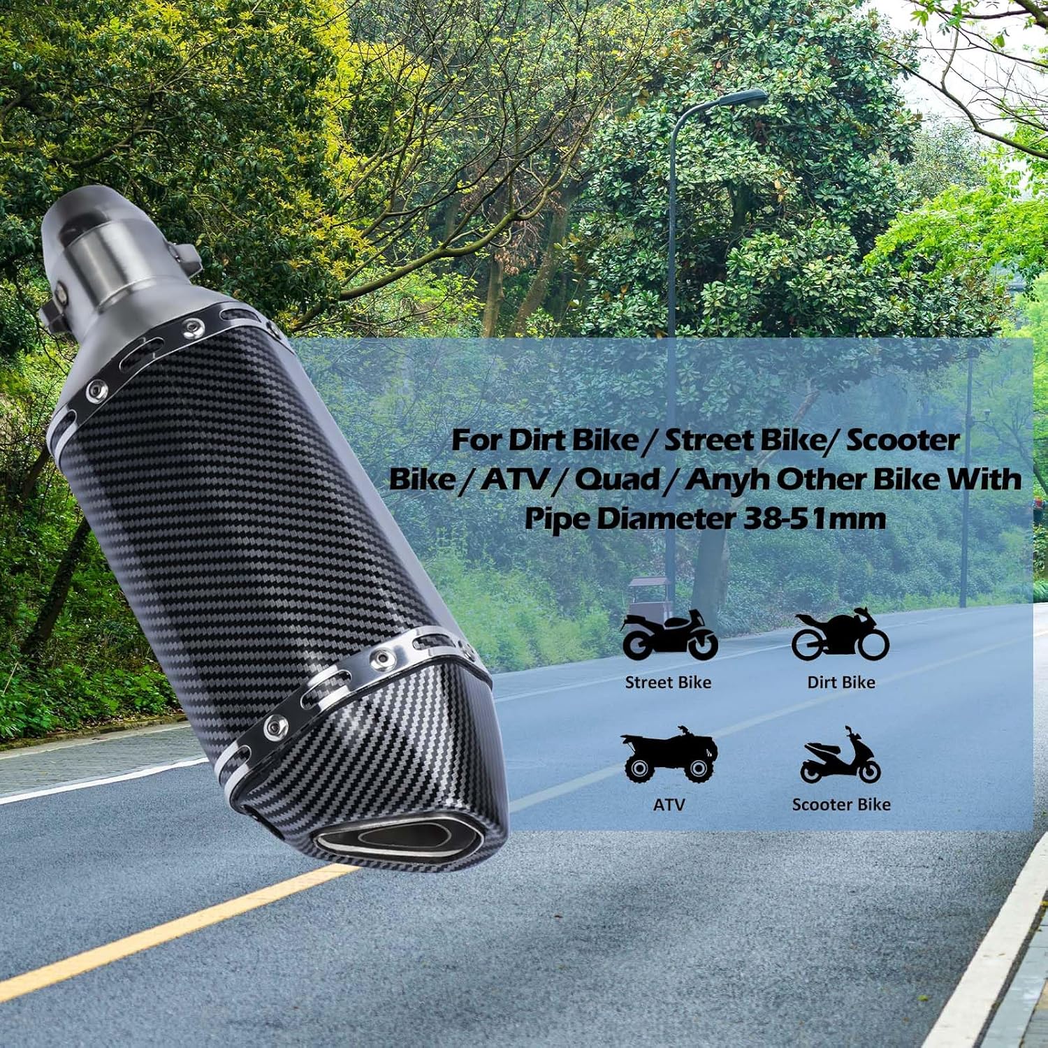 Motorcycle Slip On Exhaust Muffler, 38-51mm/1.5-2in Inlet Stainless Steel Universal Motorcycle Exhaust Mufflers Exhaust Muffler Carbon Fiber Pipe for Motorcycles Modification