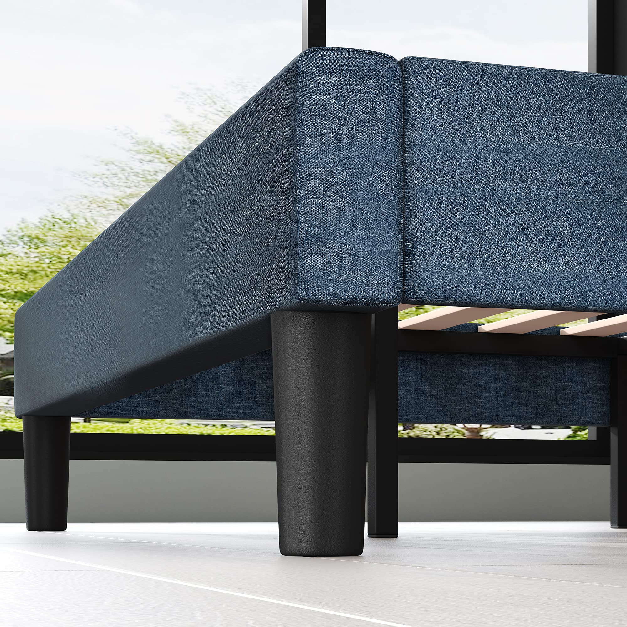 Zinus Omkaram Single Bed frame - Bed 90x190 cm - 36 cm Height - Upholstered Platform Bed frame with Wood slat support - Navy Blue