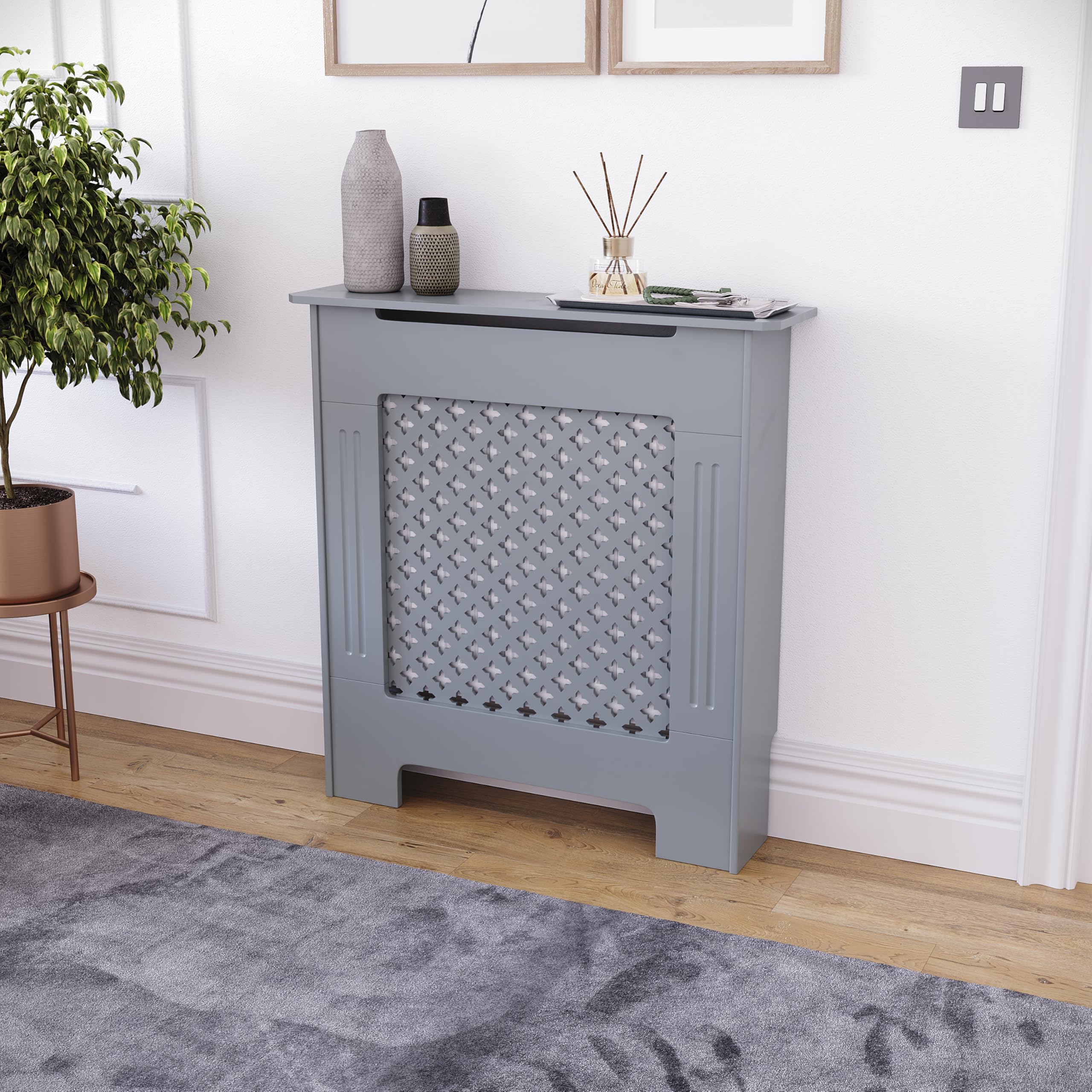 Vida Designs Oxford Radiator Cover – Traditional Cross Pattern, Olive Grey, MDF, Modern Painted Finish, Heat Efficient, Small, (H 82 x W 78 x D 19 cm)