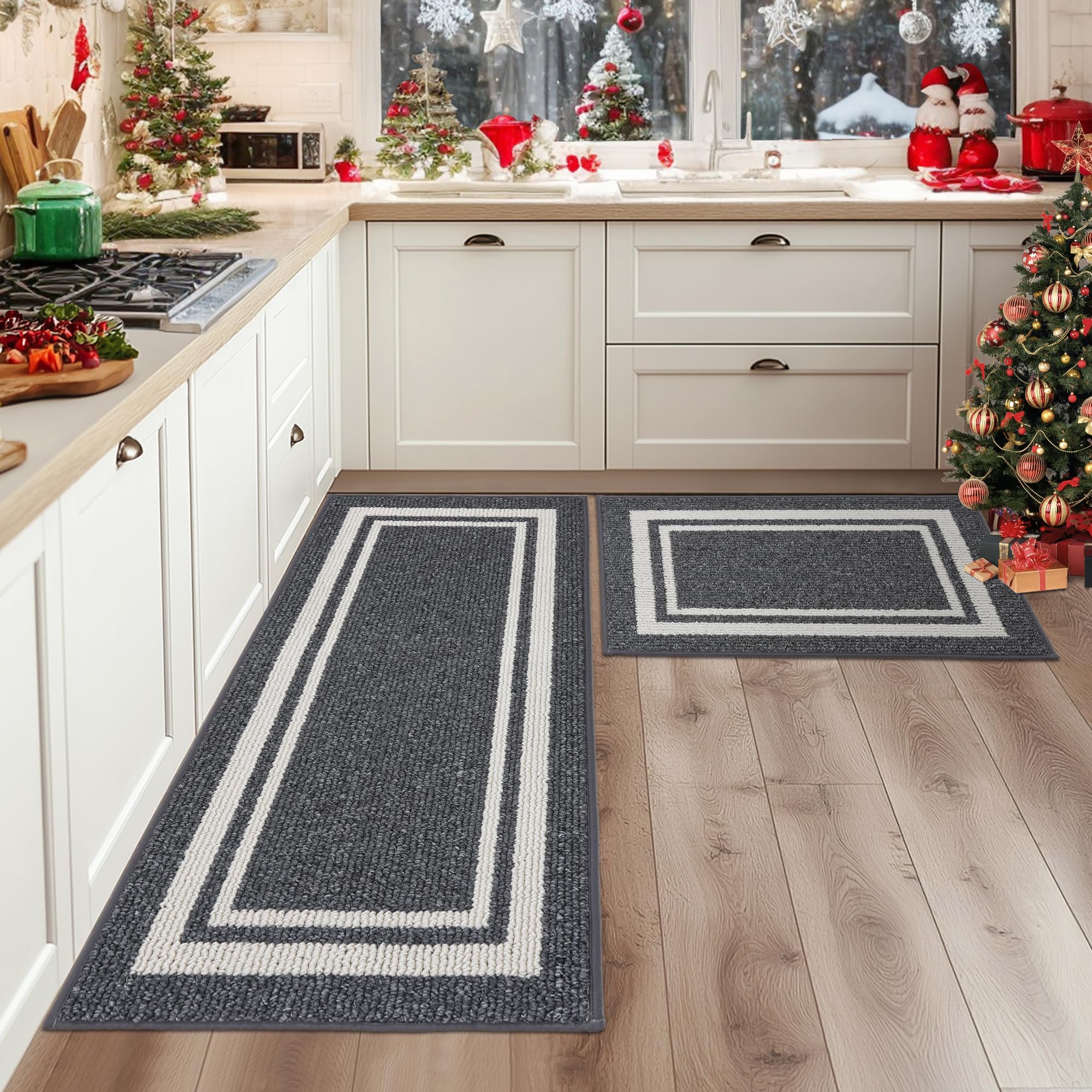 COSY HOMEER Kitchen Rugs 2 Pieces, 51x76cm+51x122cm, Absorbent and Stain-Resistant Kitchen Mats Non-Slip, Machine Washable Kitchen Runners Floor Mat
