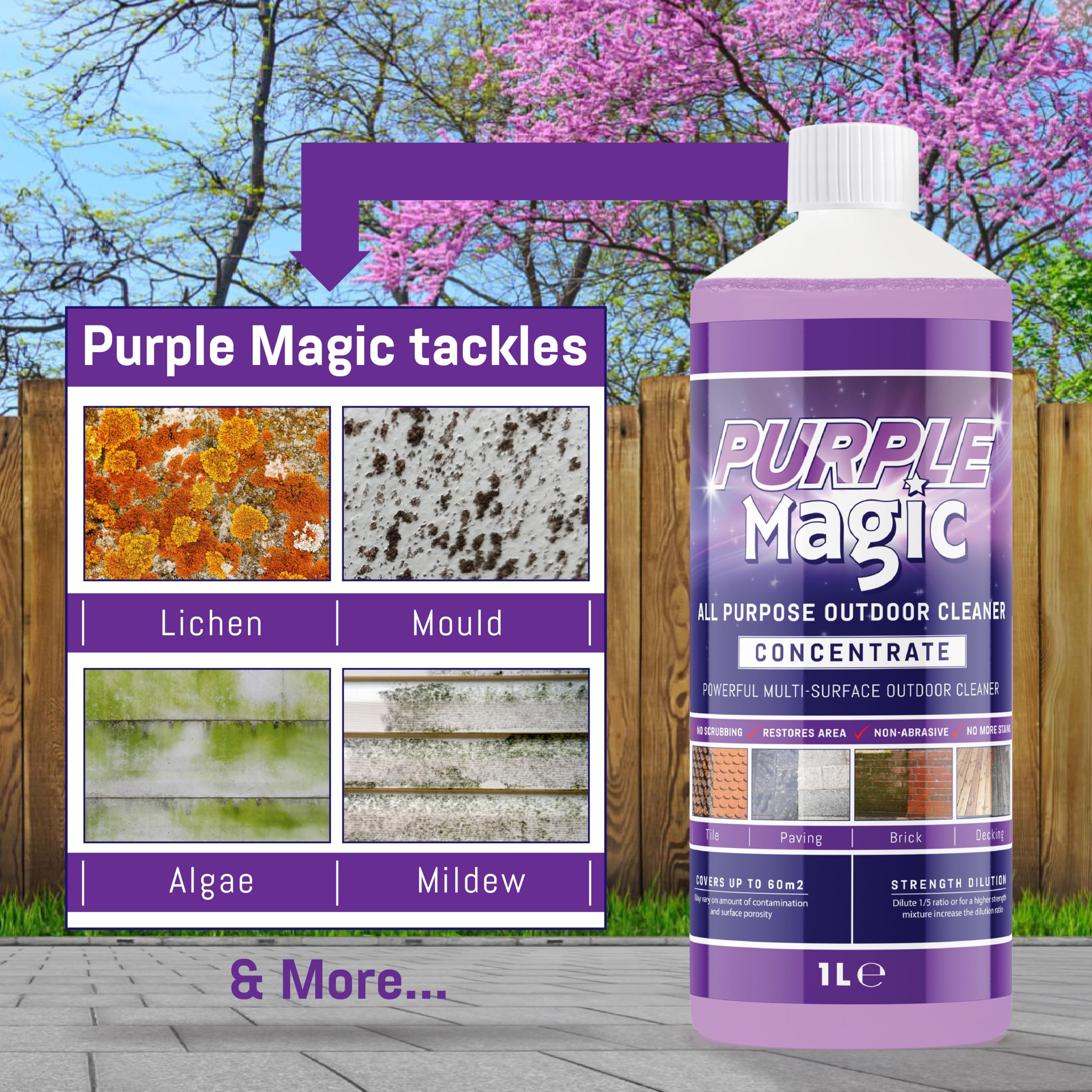 Purple Magic - All Purpose Outdoor Path and Patio Cleaner | Concentrated Mould, Mildew, Lichen, Algae Remover | Decking, Driveways, Rooftops, Spray & Leave Cleaner (Up to 150m2 coverage) - 2.5 Litre