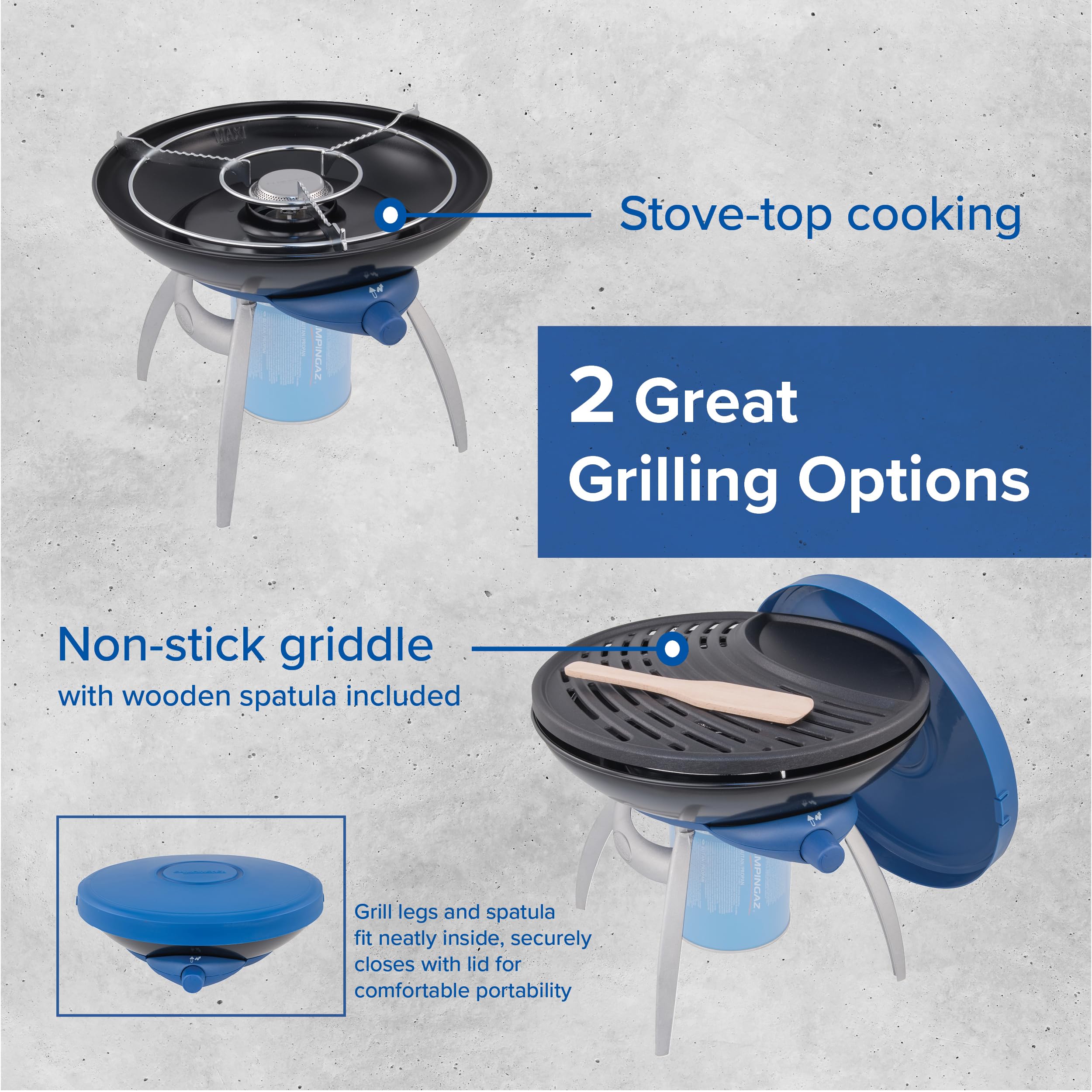 Campingaz Party Grill 400 CV, Camping Stove and Grill, All-in-One Portable Camping BBQ, with Griddle, Grid and Pan Support, Lid Doubles as Wok, Blue