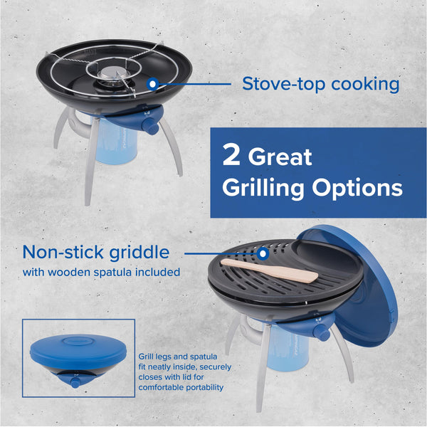 Campingaz Party Grill 400 CV, Camping Stove and Grill, All-in-One Portable Camping BBQ, with Griddle, Grid and Pan Support, Lid Doubles as Wok, Blue