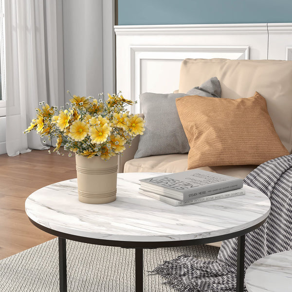 HOJINLINERO Black Round Coffee Table Set of 2 Side Table for Living Room,Nesting Table Industrial Stacking End Tables,Marble Pattern with Metal Frame