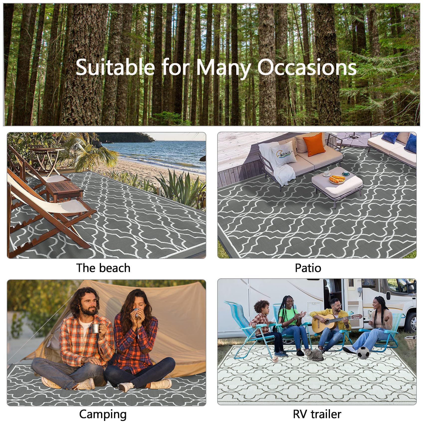 Cekene Large Outdoor Rug Waterproof Black 245x305cm Patio Rugs Reversible RV Camping Mat Lightweight Plastic Portable Outdoor Carpet for Picnic Porch Deck Backyard BBQ Beach