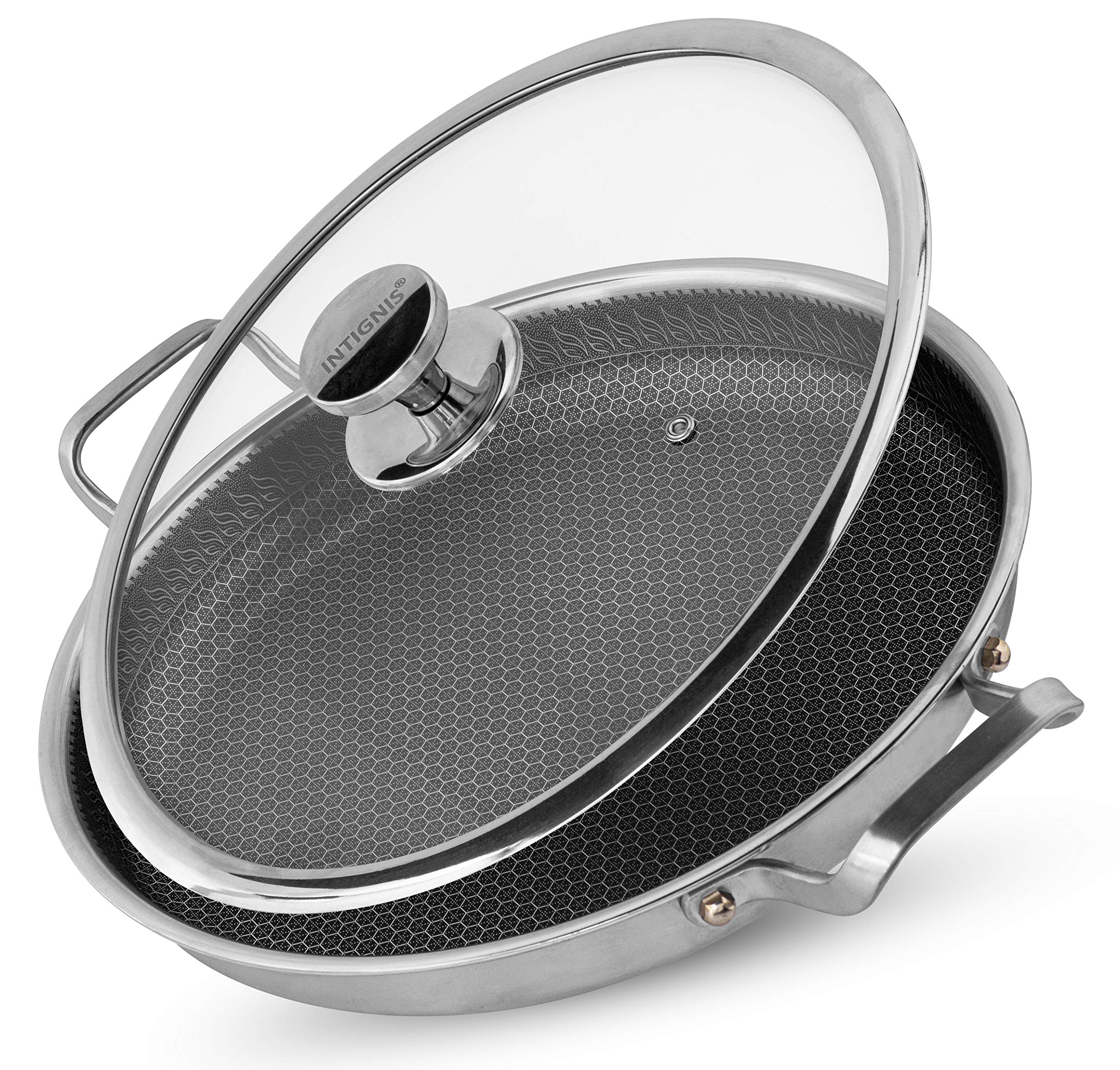 INTIGNIS Paella Pan or Frying Pan with Oven-Safe Lid - Sauting, Roasting, Broiling - 32cm Aluminium Stainless Steel Skillet - German GREBLON