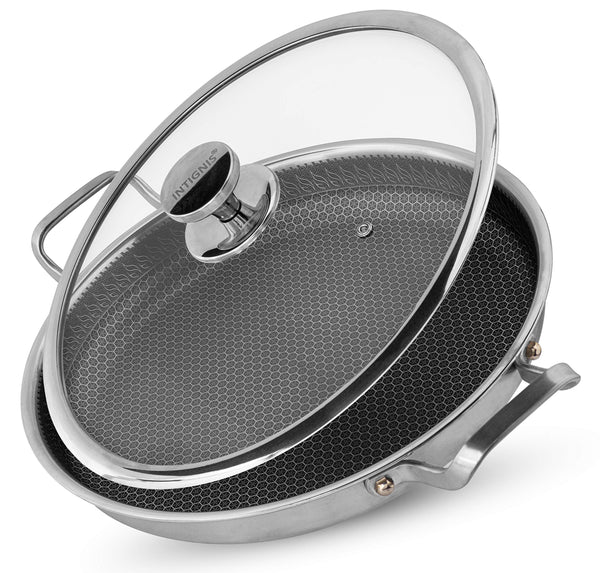 INTIGNIS Paella Pan or Frying Pan with Oven-Safe Lid - Sauting, Roasting, Broiling - 32cm Aluminium Stainless Steel Skillet - German GREBLON