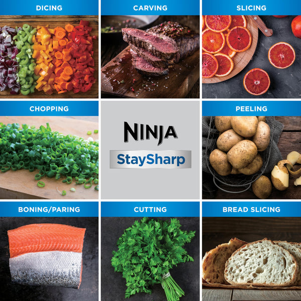 Ninja Foodi StaySharp Knife Block with Integrated Sharpener, 5-Piece Knife Set includes Chef, Bread, Slicing, Utility, Paring Knives, Stainless Steel K32005UK, Black