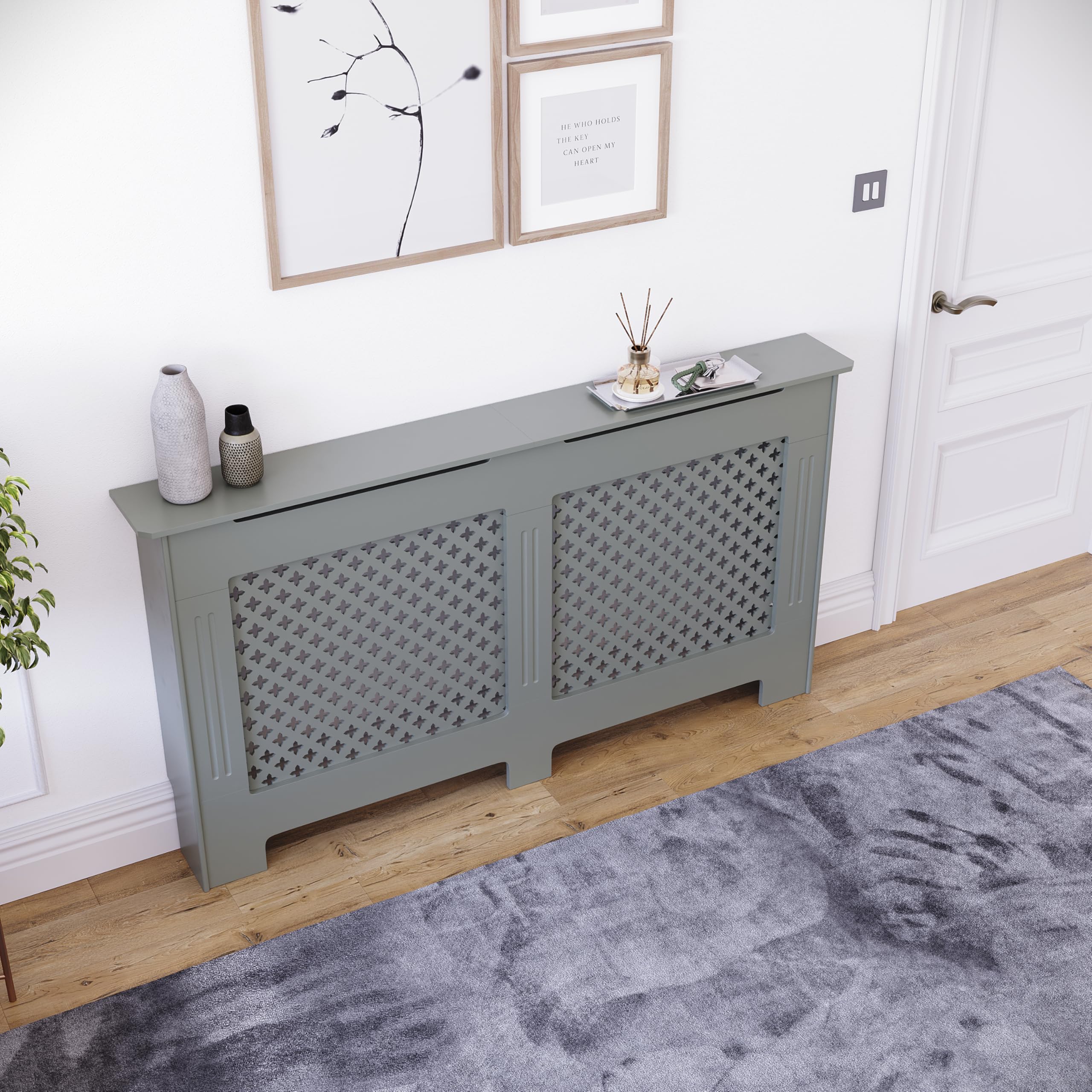 Vida Designs Oxford Radiator Cover – Traditional Cross Pattern, Olive Grey, MDF, Modern Painted Finish, Heat Efficient, Small, (H 82 x W 78 x D 19 cm)