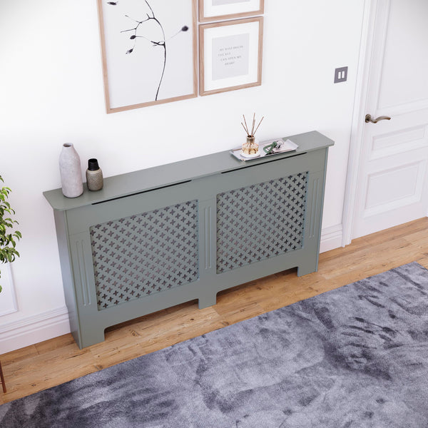 Vida Designs Oxford Radiator Cover – Traditional Cross Pattern, Olive Grey, MDF, Modern Painted Finish, Heat Efficient, Small, (H 82 x W 78 x D 19 cm)