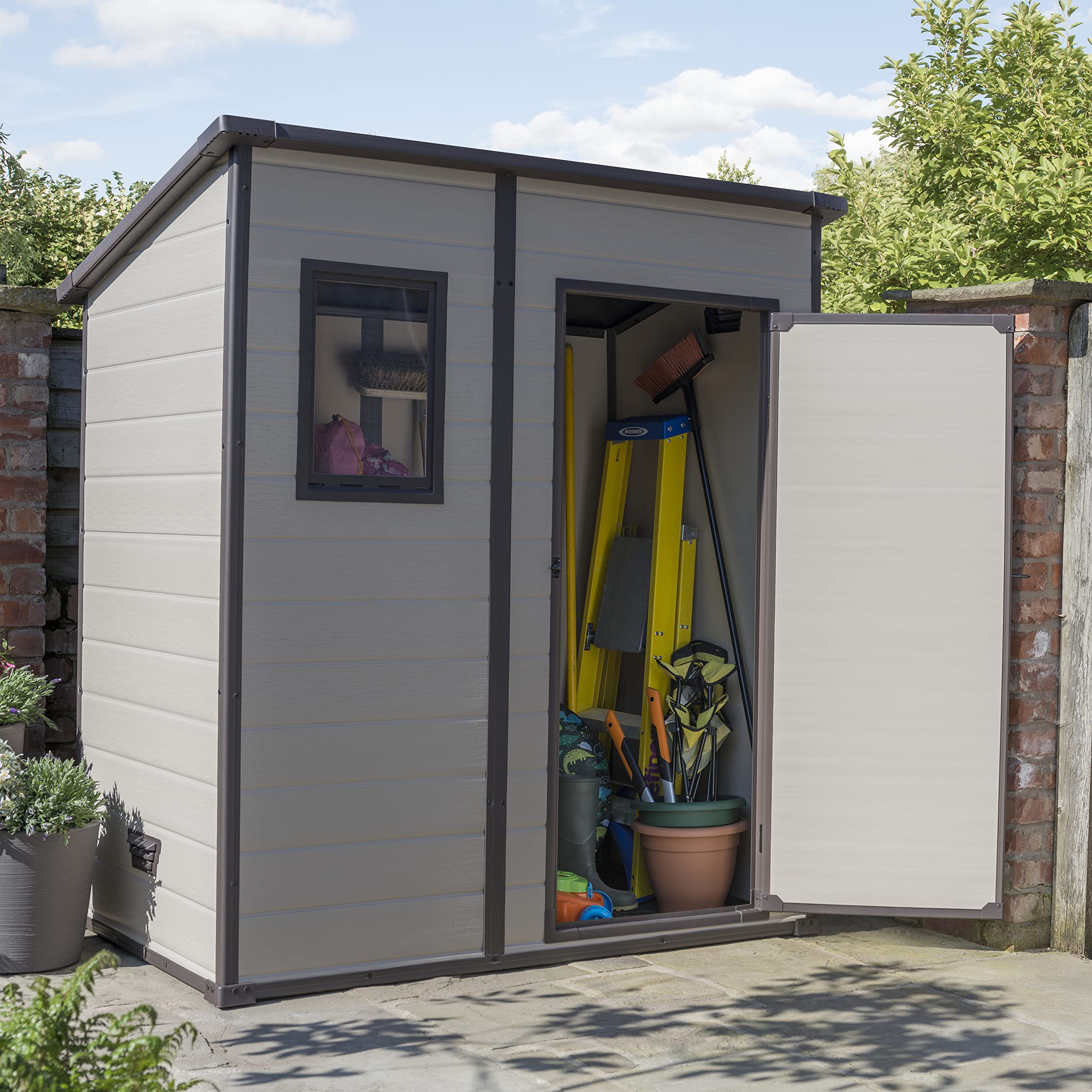 Keter Manor Outdoor Pent Single Door Garden Storage Shed 6 x 4ft Beige Brown Wood Effect Fade Free All Weather Resistant Safe And Secure Zero Maintenance 15 year Warranty