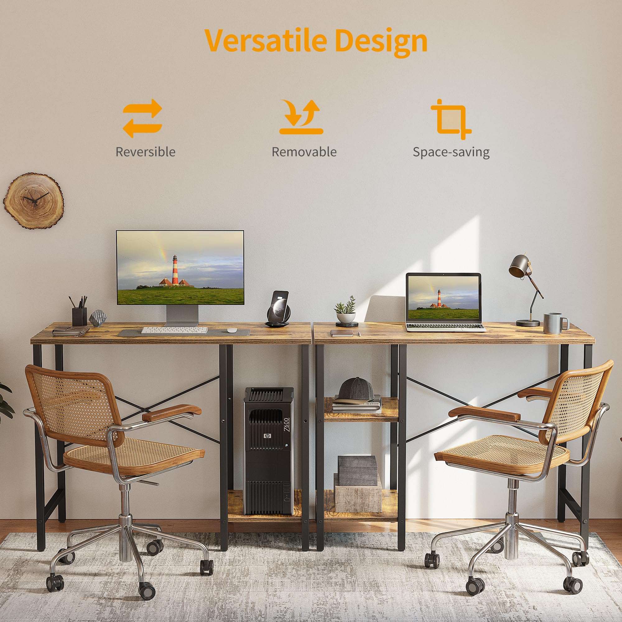 CubiCubi Computer Desk with Monitor Stand and Storage Shelves, 120cm Home Office Desk Study Writing Table, White