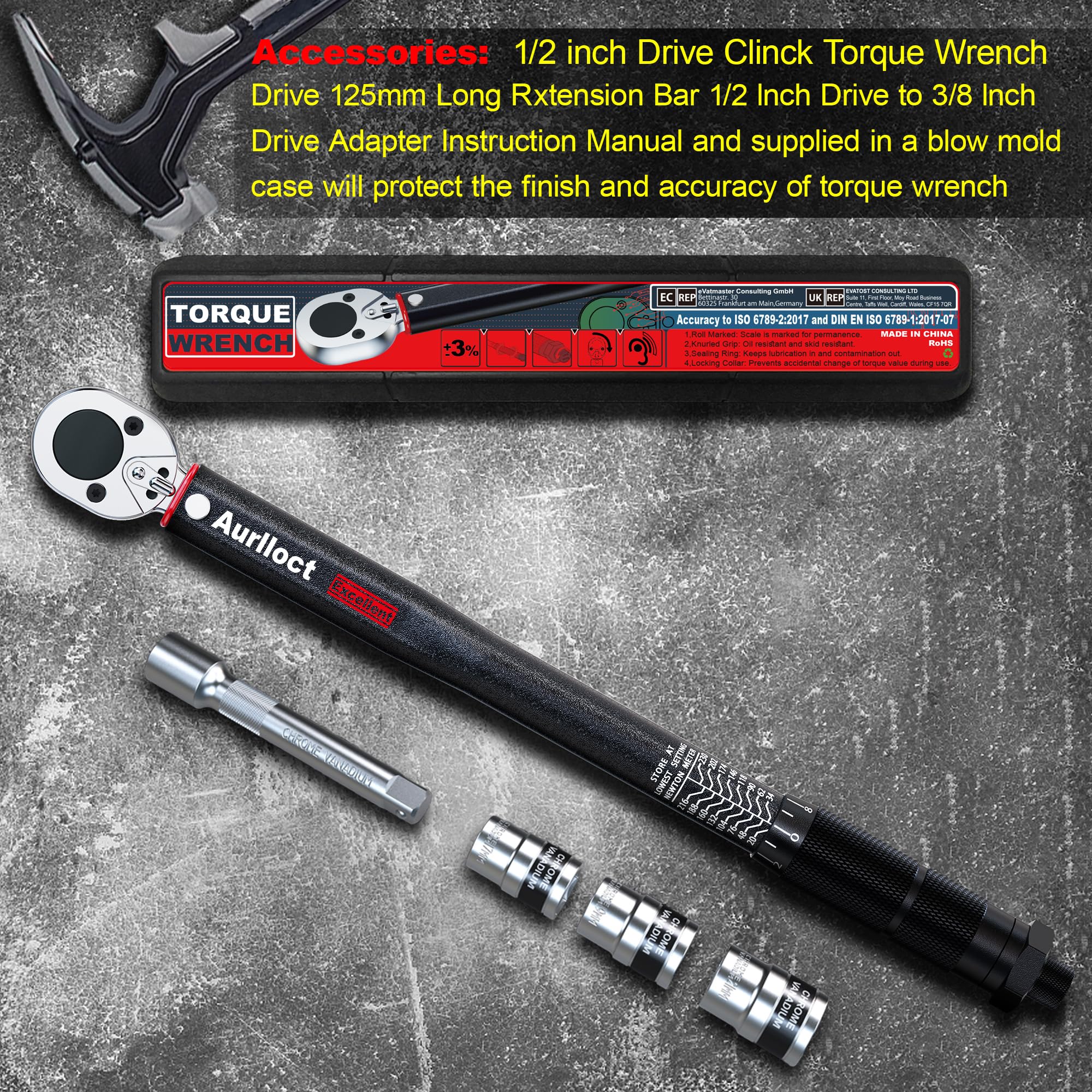 1/2" Torque Wrench Set, Car Wheel Torque Spanner 20-230 Nm with 3/8'' Adapter, ± 3% Accuracy, 72 Tooth for Car Repair, Tire Replacement Etc