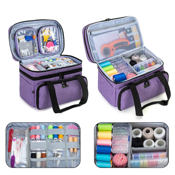 BAFASO Double Layer Sewing Accessories Organiser with 2 Detachable Pouches, Large Sewing Storage Bag for Sewing Tools, Purple