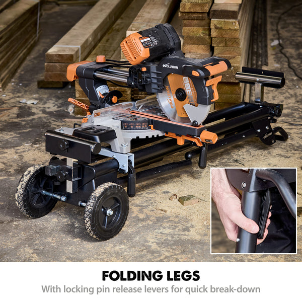 Evolution Power Tools EVOMS1 Mitre Saw Stand, Universal Compact Folding with Extending Support Arms, Fits Evolution, Makita, DeWalt, Bosch, Ryobi, Einhell and Metabo, Supports 150kg Weight & 3m Length