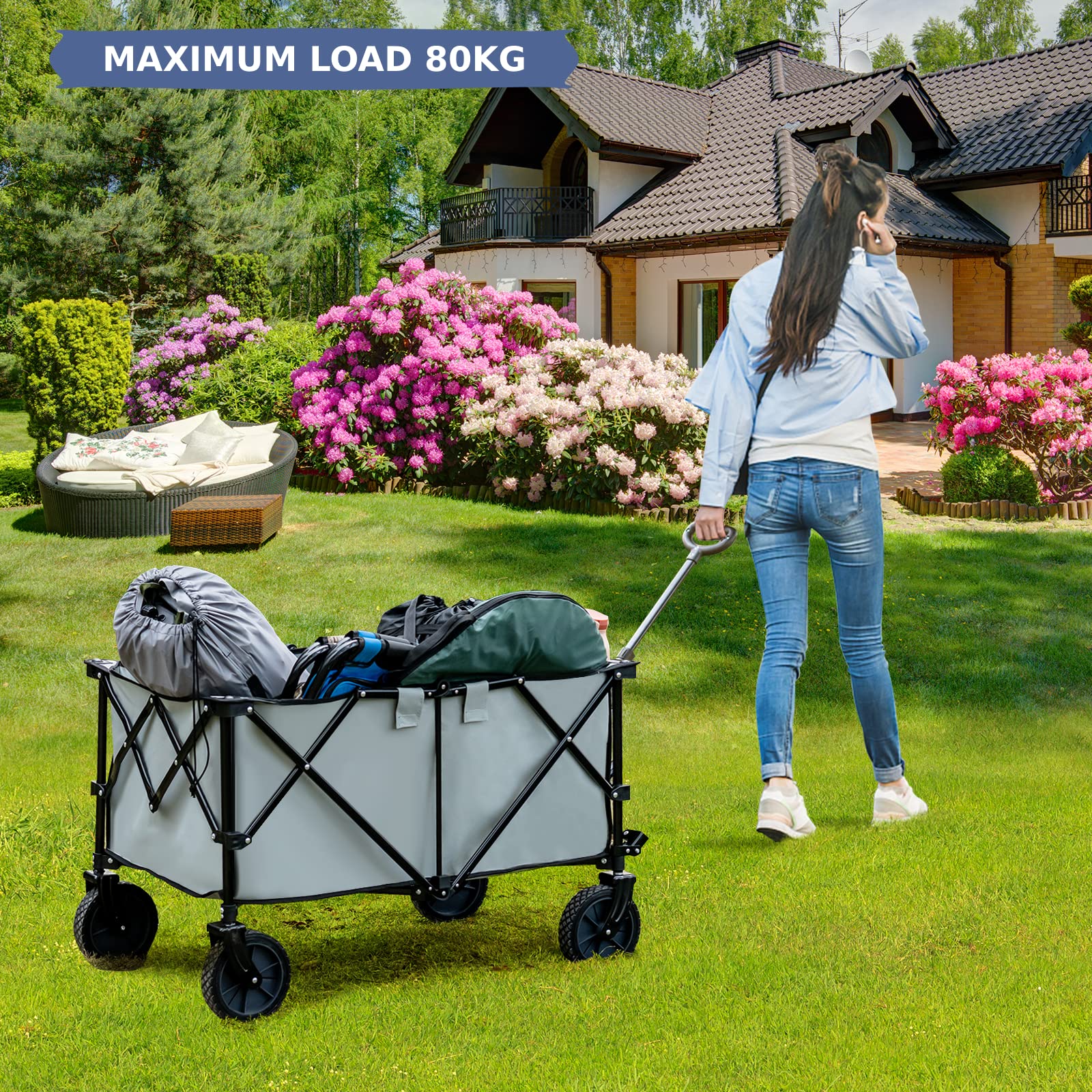 COSTWAY Folding Camping Wagon, Collapsible Beach Garden Trolley with Cup Holders and Adjustable Handle, Canvas Transport Utility Cart for Shopping Gardening Sporting Events (Navy Blue)