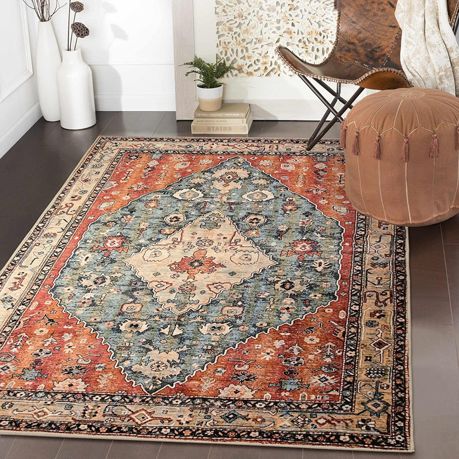 Boho Tribal Area Rug 90x150cm, KIMODE Distressed Entry Throw Rug Bohemian Faux Wool Indoor Accent Rug Non-Slip Washable Low-Pile Carpet for Entrance