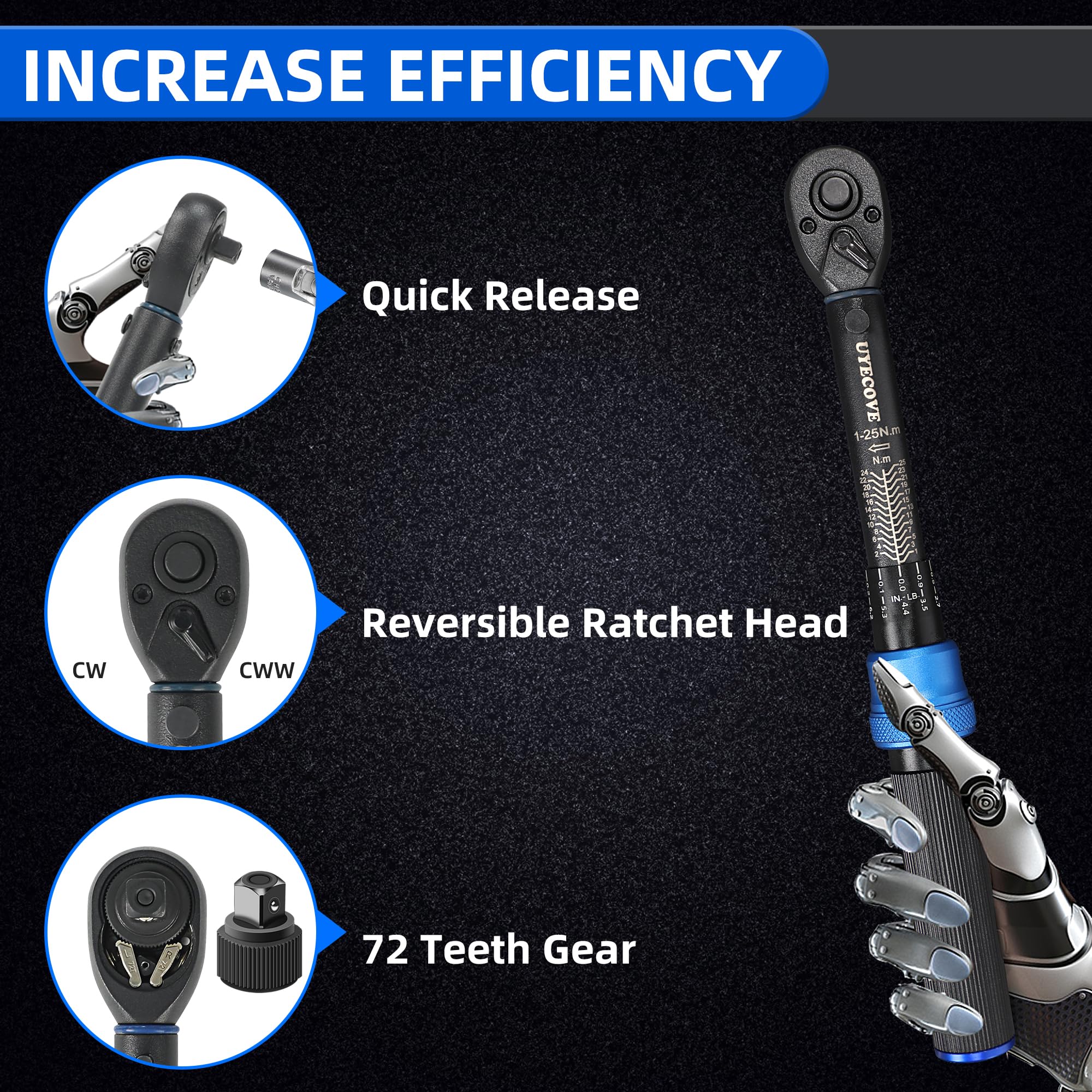 Torque Wrench Set 1/4 5-25Nm, 3/8 20-120Nm, 1/2 40-220Nm, 72 Tooth Dual-Direction Reversible Click Torque Wrenches for Bike Motorcycle, Car, Truck