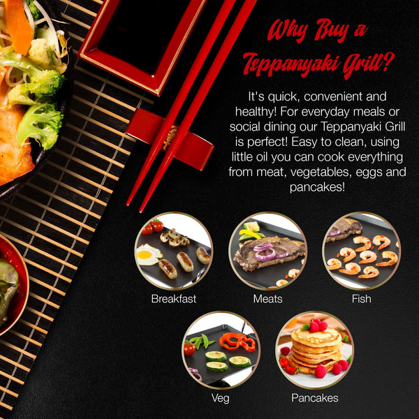 Andrew James Teppanyaki Grill Plate | XL Non-Stick Flat top Grill with Hot Plate | Teppanyaki Electric Griddle with 8 Wooden Spatulas and 2 Cooking