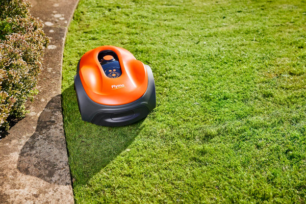 Flymo EasiLife 250 GO Robotic Lawn Mower - Cuts Up to 250 sq m, Ultra Quiet Mowing, Manicured Lawn, Bluetooth Application Control, Safety Sensors, Hose Washable, Lifestyle Functions, Orange and Grey
