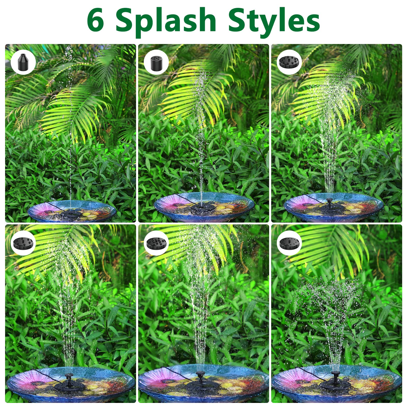 6.5W Solar Water Fountain, Built-in 1500 mAh Battery, Upgraded Solar Pond Pump, Water Pump, Solar Floating Fountain Pump with 6 Fountain Styles for Garden, Bird Bath, Pond and Fish Container