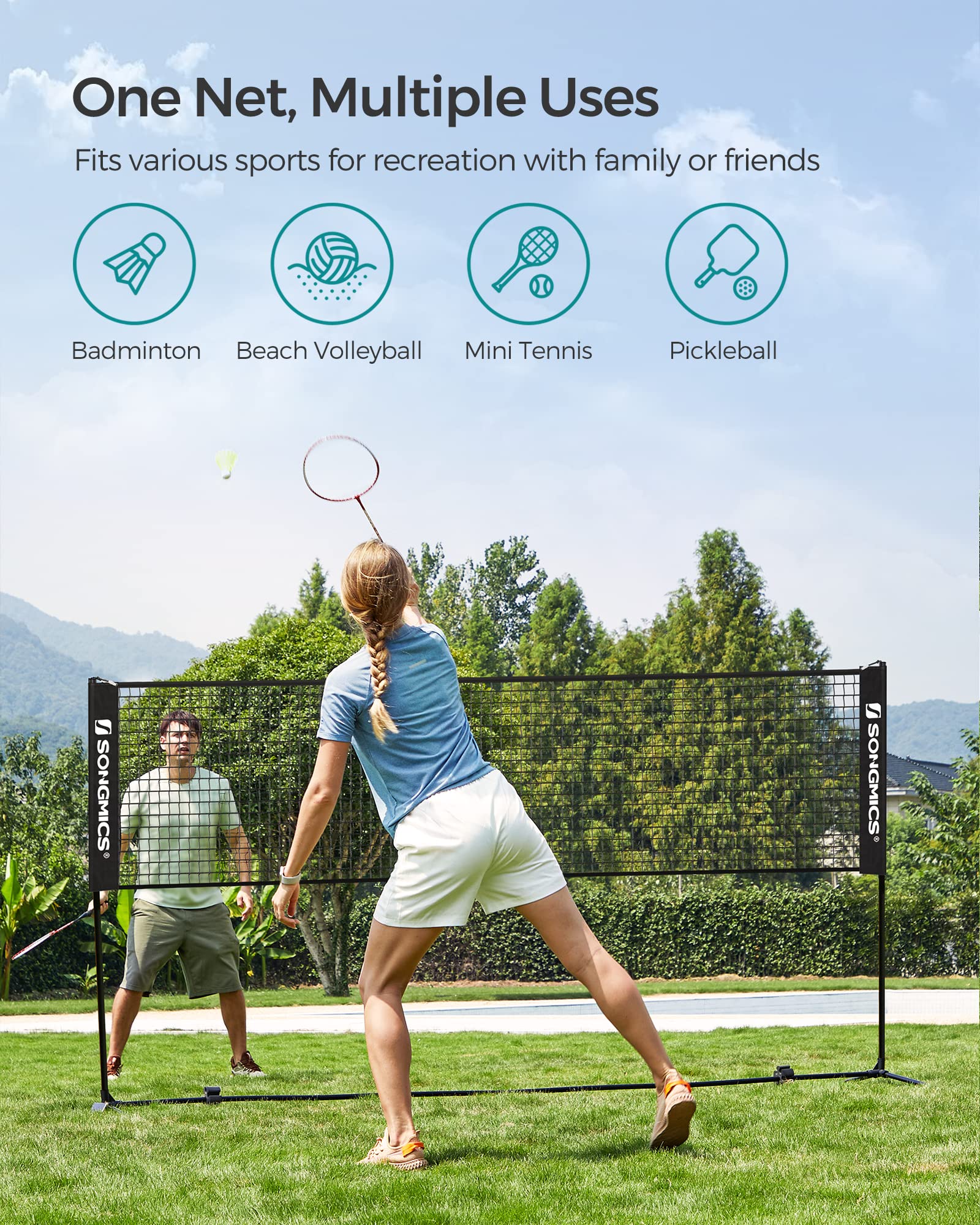 SONGMICS 3 m Badminton Net, Volleyball Net, Adjustable Poles Height, Portable Set for Tennis