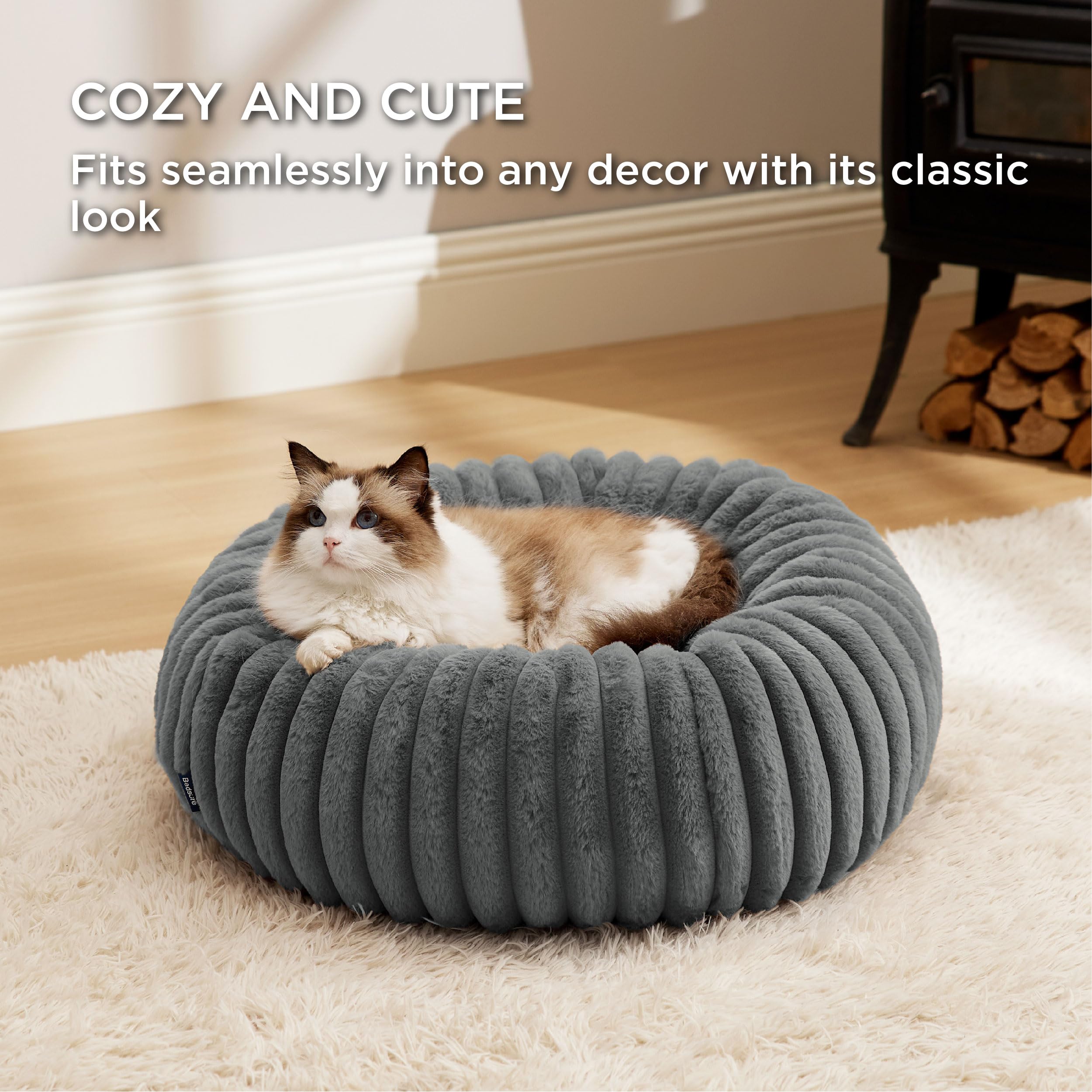 Bedsure Cat Bed for Indoor Cats - 51x51x15 cm Fluffy Cat Donut Bed with Corduroy Fleece & Anti Slip Bottom, Puppy Kitten Beds Washable with Removable Cover, Dark Grey