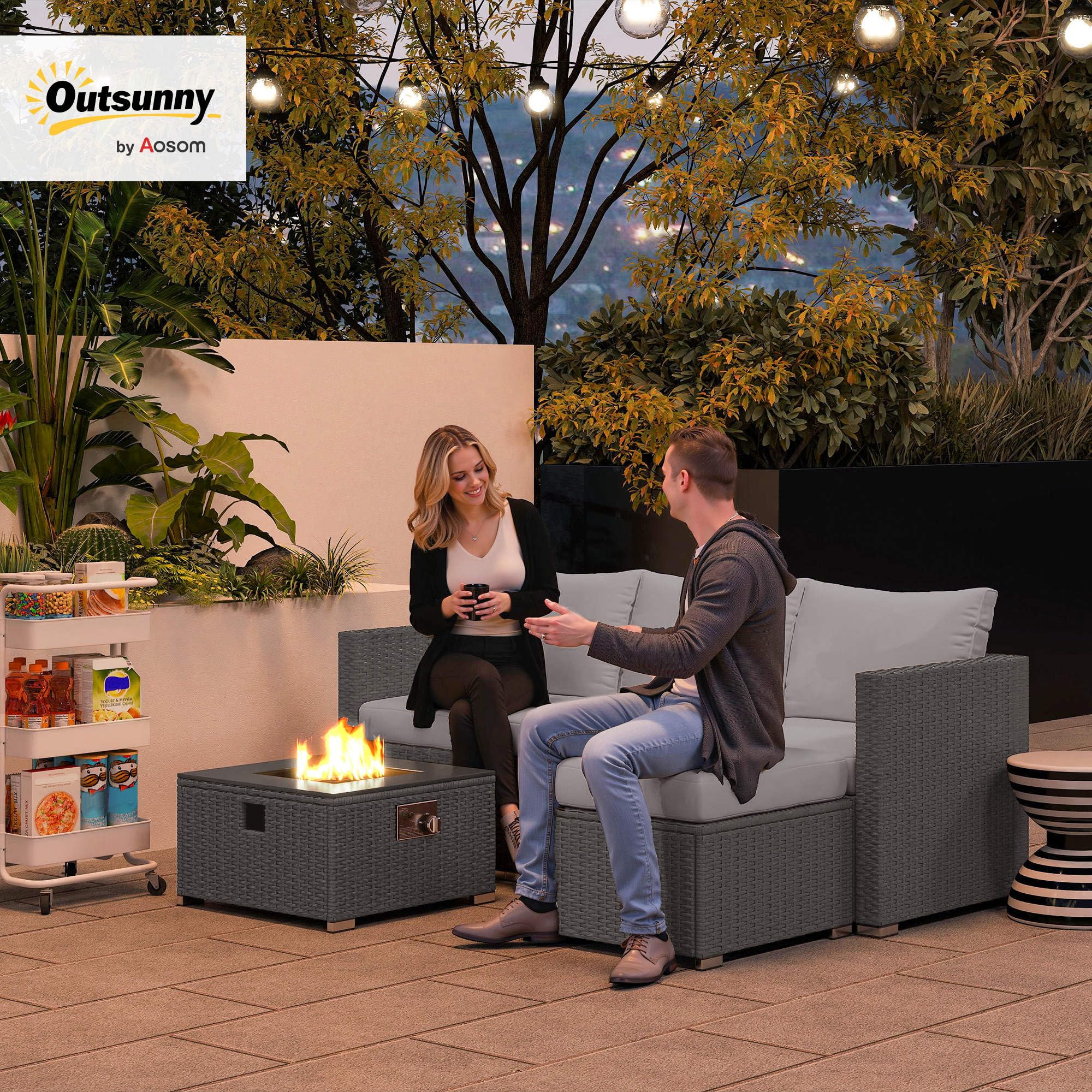 Outsunny 5 Piece Rattan Garden Furniture Set with Gas Fire Pit Table, 4 Seater Outdoor Sectional Sofa Set with Footstool and Removable Cushions, Modular Combination, Brown and Cream White