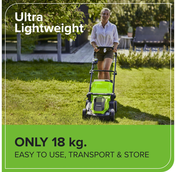 Greenworks 40V Cordless Lawnmower for Lawns up to 500m², 41cm Cutting Width, 50L Bag, Two of 40V 2Ah Batteries & One Charger, 3 Year Guarantee-G40LM41K2X, Green, Black, Grey