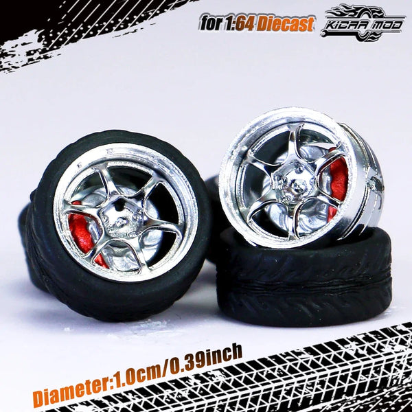 Kicarmod 1/64 Model Car ABS Wheels with Rubber Tire Brake Disc Metal Rims Diameter 10mm Refitting Parts For Model Car Hot Wheels
