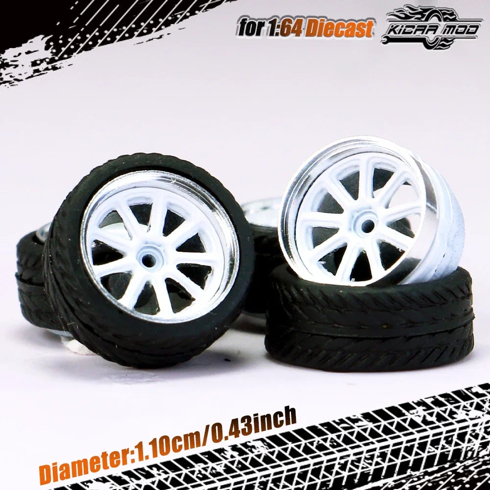 Kicarmod 1/64 Model Car ABS Wheels with Rubber Tire Rivet Axle Metal Rims Diameter 11mm Refitting Parts For Model Car Hot Wheels