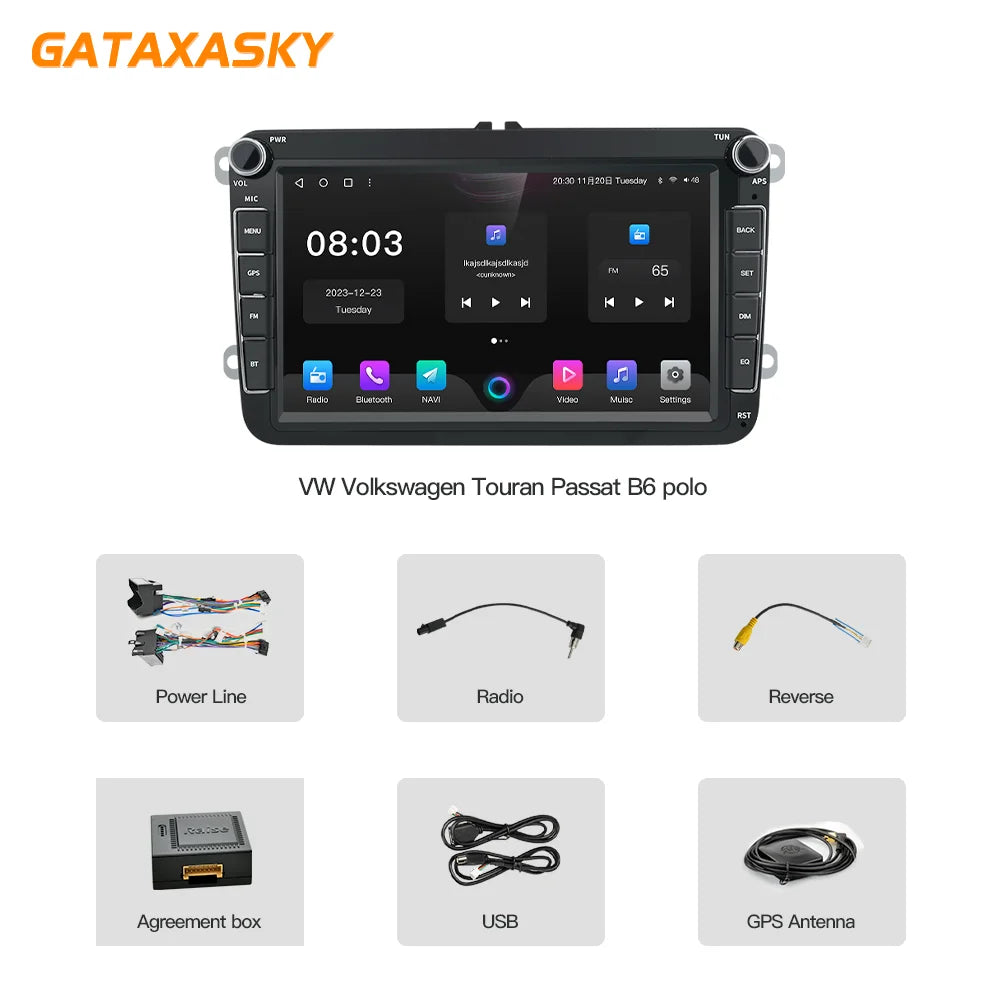 GATAXASKY 8" Car Radio multimedia player For VW Volkswagen Passat B7 B6 Golf Touran Polo Tiguan Jetta 2 din Android 12 Carplay