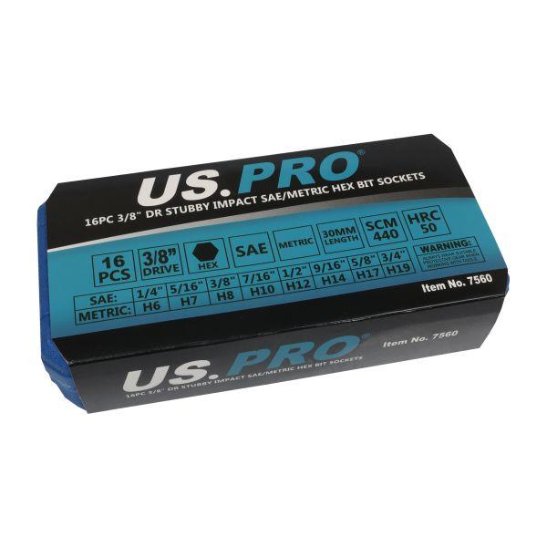 US PRO Tools 16pc 3/8" Dr Stubby Impact Sae/Metric Hex Bit Sockets 7560