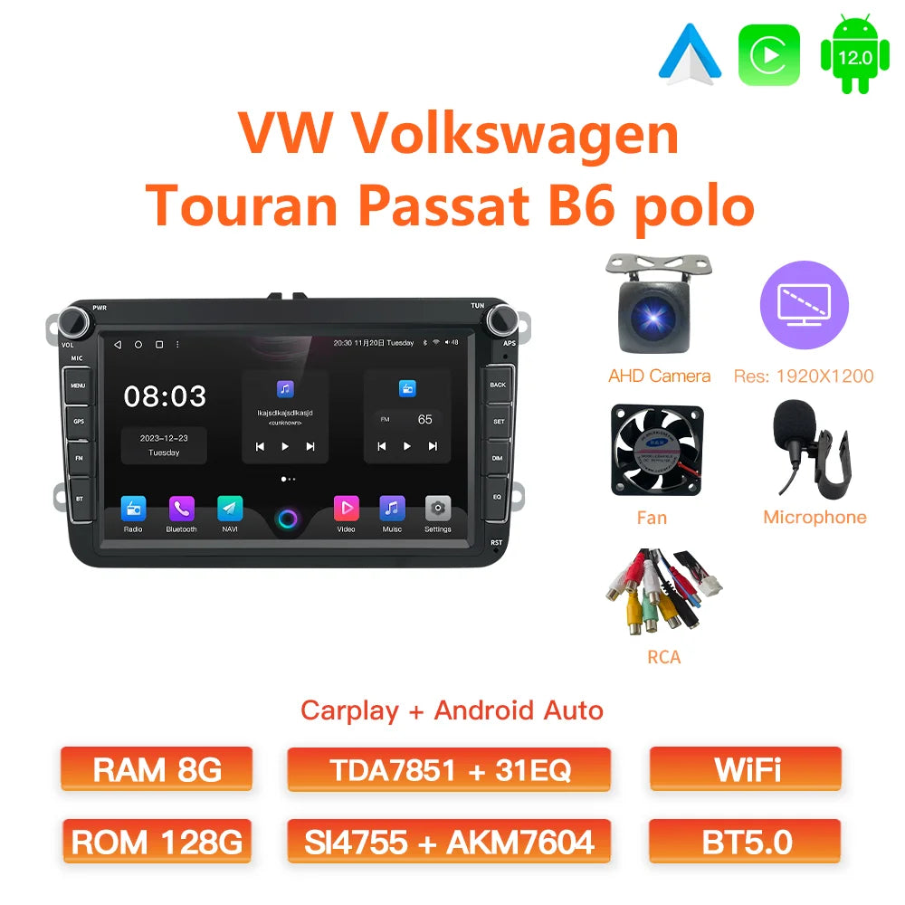 GATAXASKY 8" Car Radio multimedia player For VW Volkswagen Passat B7 B6 Golf Touran Polo Tiguan Jetta 2 din Android 12 Carplay