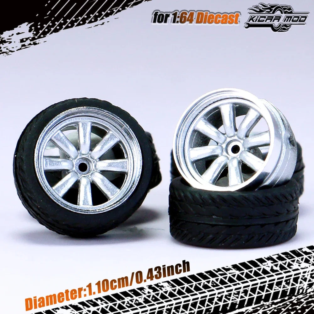 Kicarmod 1/64 Model Car ABS Wheels with Rubber Tire Rivet Axle Metal Rims Diameter 11mm Refitting Parts For Model Car Hot Wheels