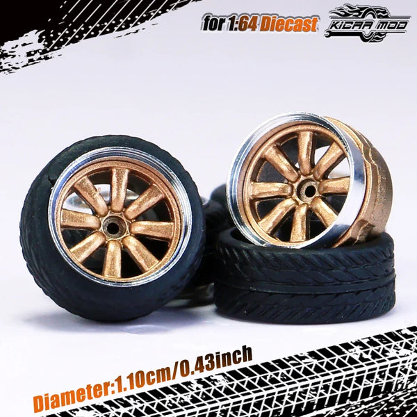 Kicarmod 1/64 Model Car ABS Wheels with Rubber Tire Rivet Axle Metal Rims Diameter 11mm Refitting Parts For Model Car Hot Wheels