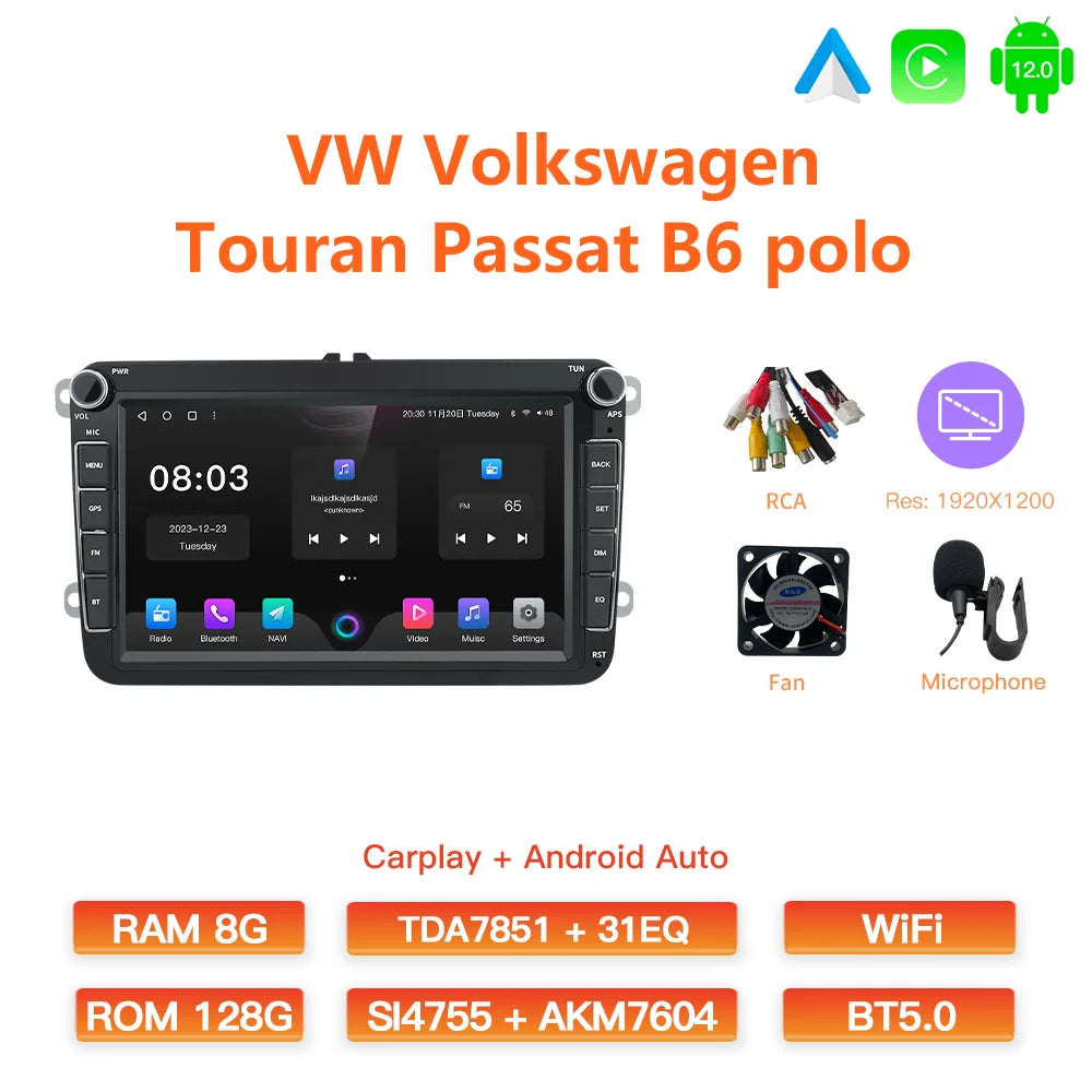 GATAXASKY 8" Car Radio multimedia player For VW Volkswagen Passat B7 B6 Golf Touran Polo Tiguan Jetta 2 din Android 12 Carplay