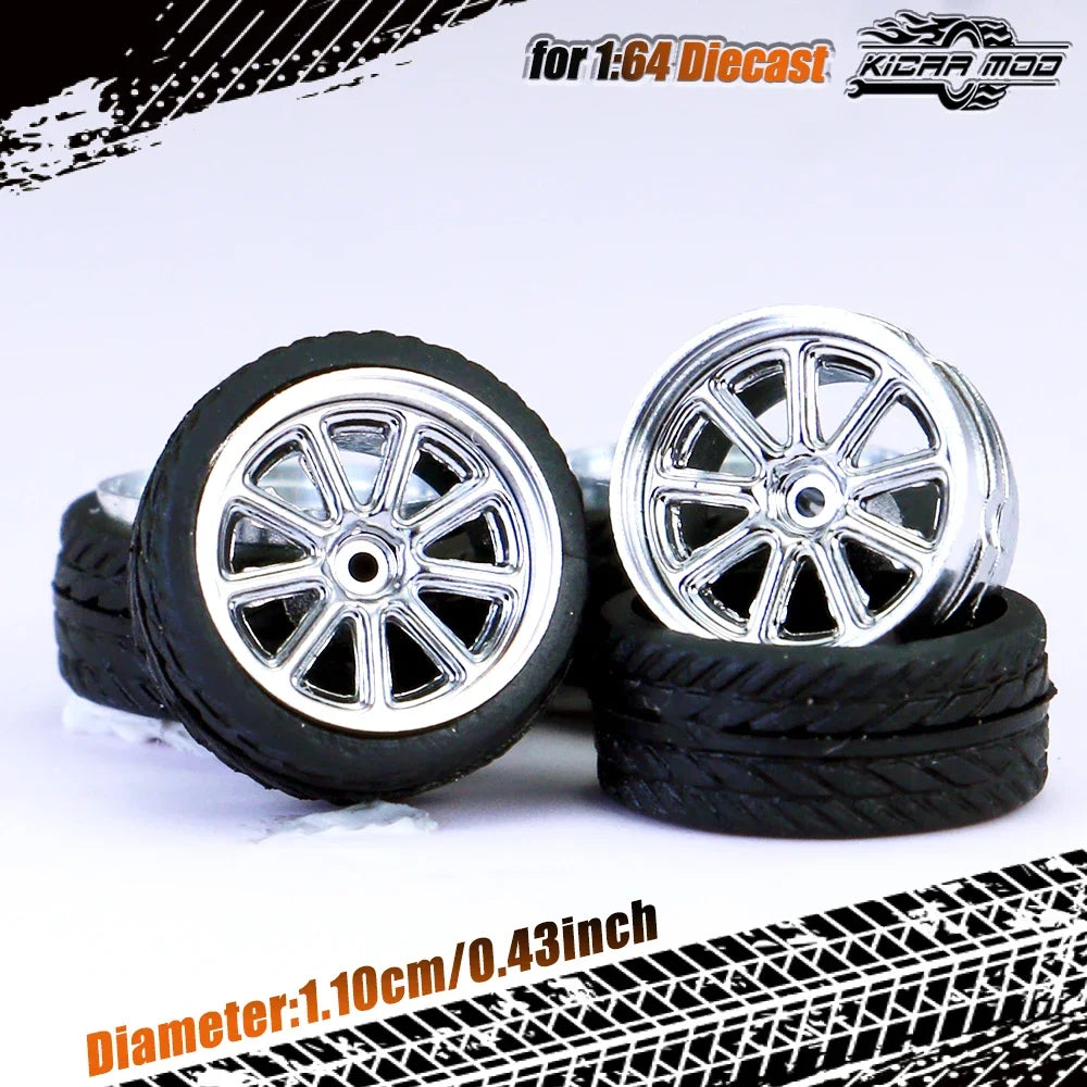 Kicarmod 1/64 Model Car ABS Wheels with Rubber Tire Rivet Axle Metal Rims Diameter 11mm Refitting Parts For Model Car Hot Wheels
