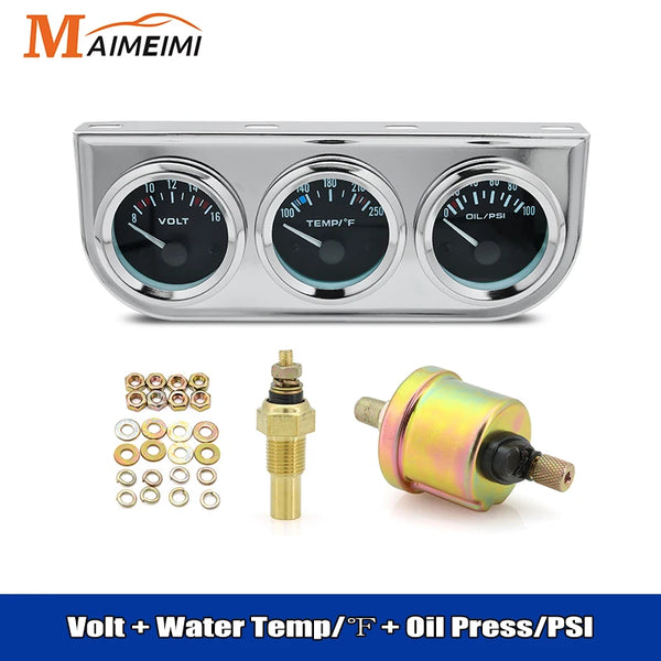 3 in 1 Voltmeter 8-16V Water Temp 100-250°F 0-100psi Oil Pressure Gauge Kit With Sensor Triple Mete For Car SUV Truck