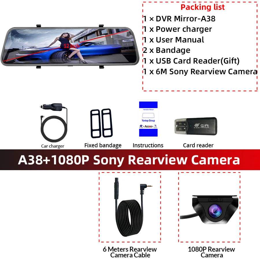 ACCEO Dashcam 12 Inch Touch Screen Car Room Mirror Video Recorder Dash Cam For Cars DVR With Sony RearView Camera Car Black Box