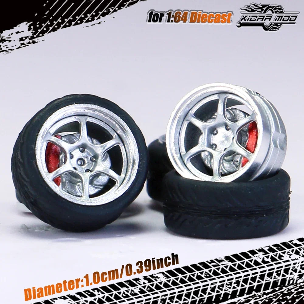 Kicarmod 1/64 Model Car ABS Wheels with Rubber Tire Brake Disc Metal Rims Diameter 10mm Refitting Parts For Model Car Hot Wheels