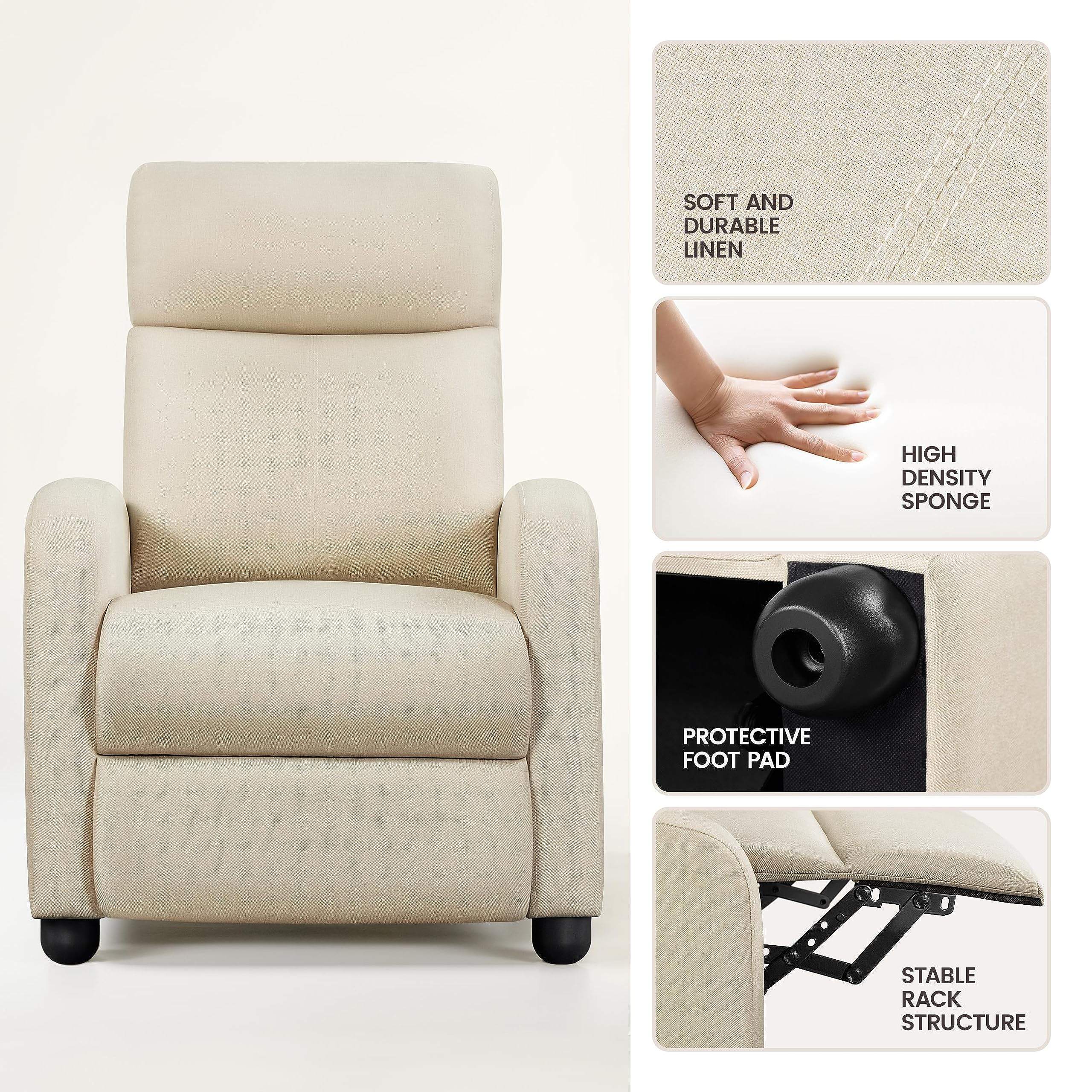 Yaheetech Recliner Armchair Single Padded Seat Boucle Fabric Sofa Lounge Home Living Room Theater Adjustable Leg Rest and Reclining Functions Ivory
