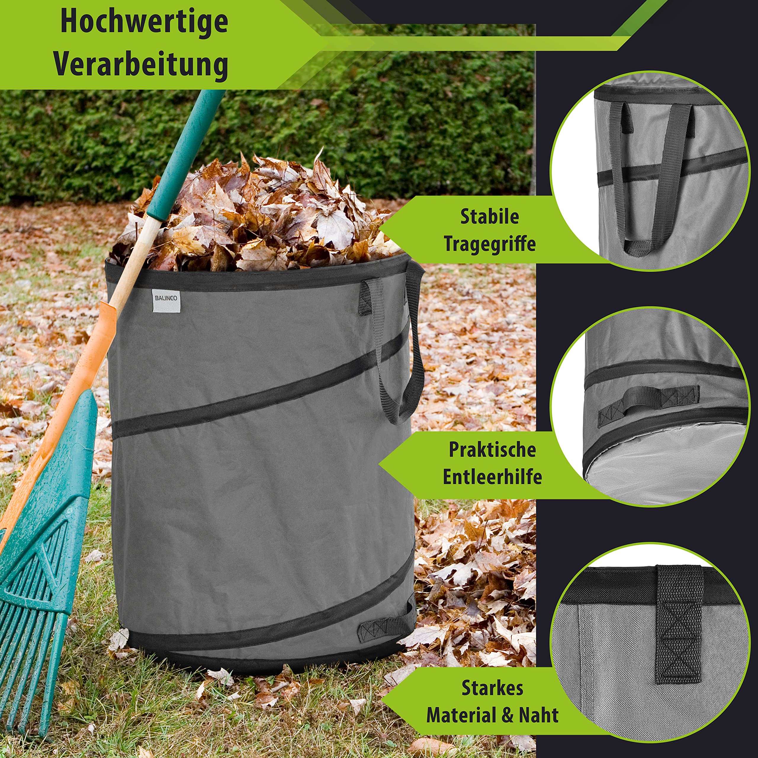 3x 170 litre pop-up garden waste sack grey self-erecting & stable | leaf sack | garden sack | green waste sacks foldable, large made of extremely