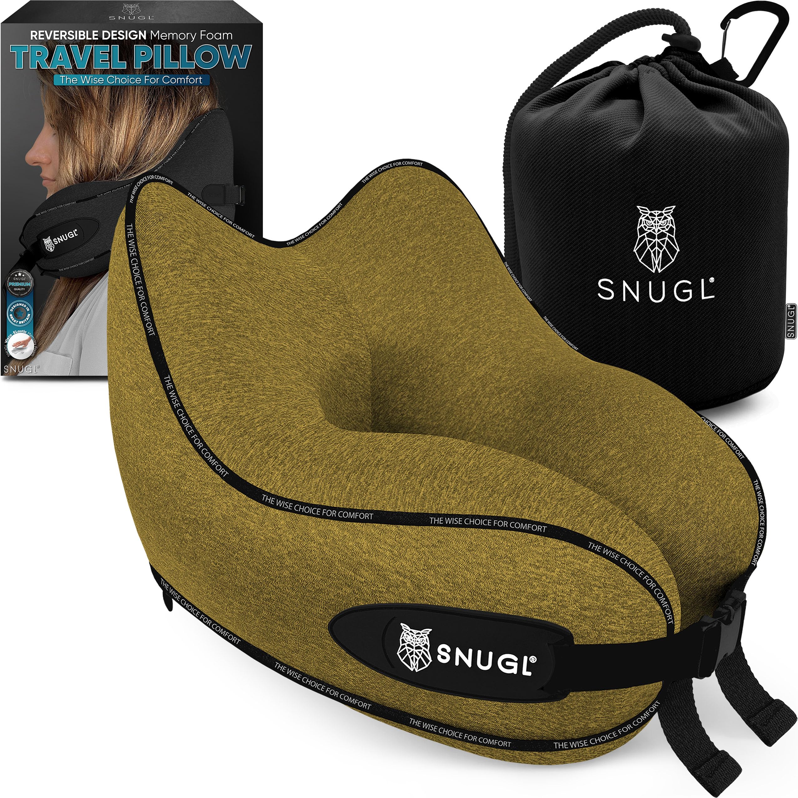 SNUGL Travel Pillow – Memory Foam Neck Pillow for Travel – Support Cushion for Airplane with Carry Bag & Clip - Holiday Essentials (Black - Adult Regular)