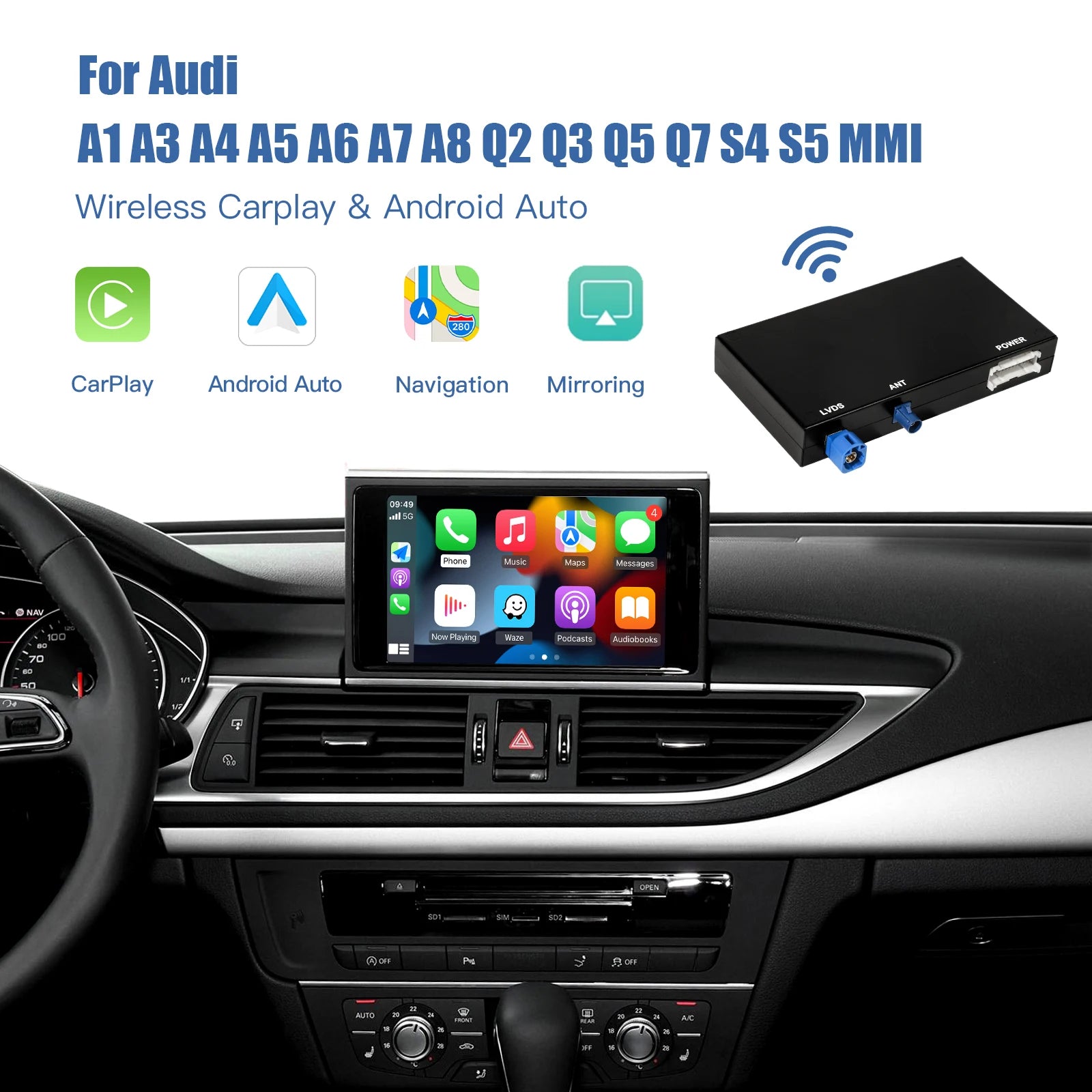 CARABC Wireless CarPlay Android AUTO for Audi A4/A5/Q5/S4/S5/A6/A7 Module supports OEM and retrofit rearview camera